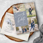 Hand Lettered Dusty Blue Collage Save The Date Ankündigungspostkarte<br><div class="desc">Take your 5 best images from your engagement photo session with 4 for the front and one for the back. It features a hand lettering design that says Save the Date.</div>