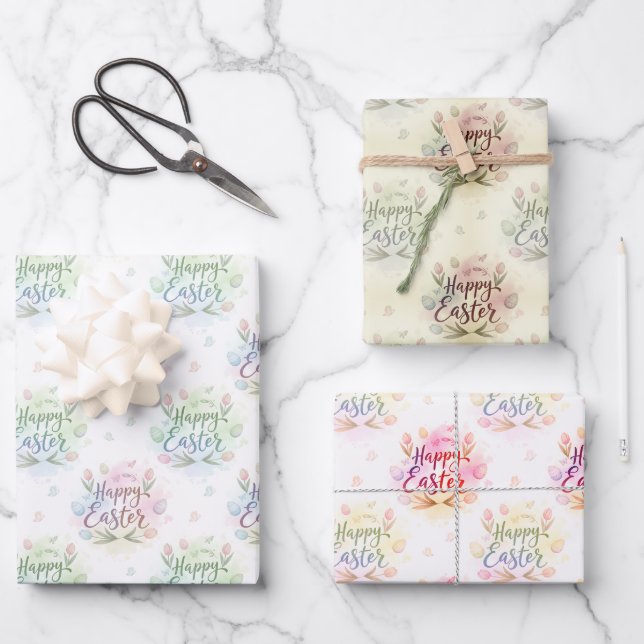 Hand-Lettered Happy Easter Watercolor Geschenkpapier Set (Vorderseite)