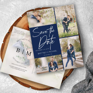 Hand Lettered Navy Blue Collage Save The Date Ankündigungspostkarte