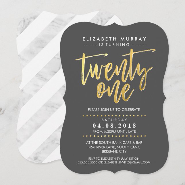 HAND LETTERED SCRIPT Typ modische Goldfolie grau Einladung (Vorne/Hinten)