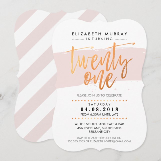 HAND LETTERED SCRIPT Typ trendy Kupferrot Rosa Einladung (Vorne/Hinten)