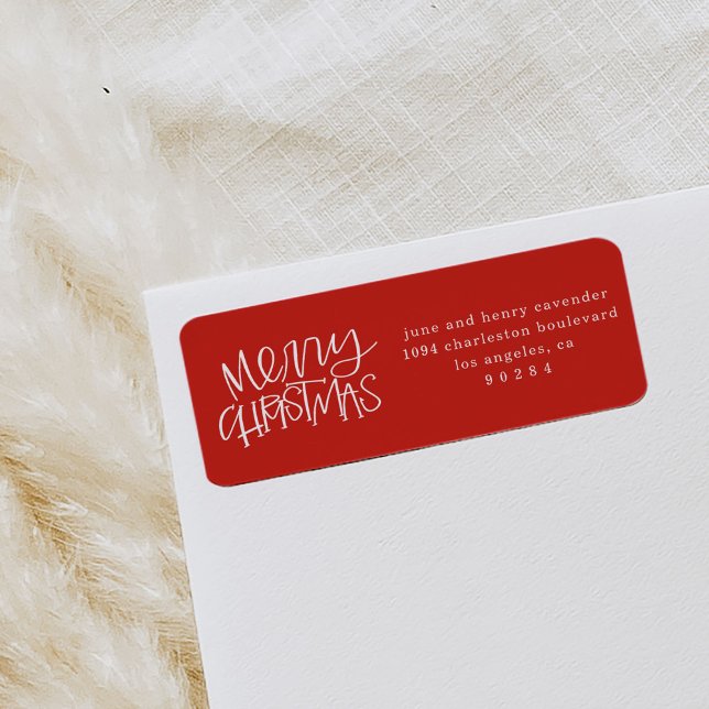 Hand Lettered Weihnachts-Rücksendeadresse (Red Merry Christmas festive return address labels.)
