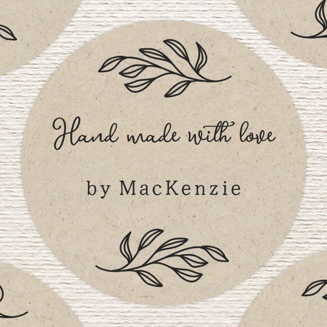 Hand Made With Love Brown Paper Botanical Leaf  Runder Aufkleber (Personalized hand made with love botanical leaf line art stickers for small business makers)