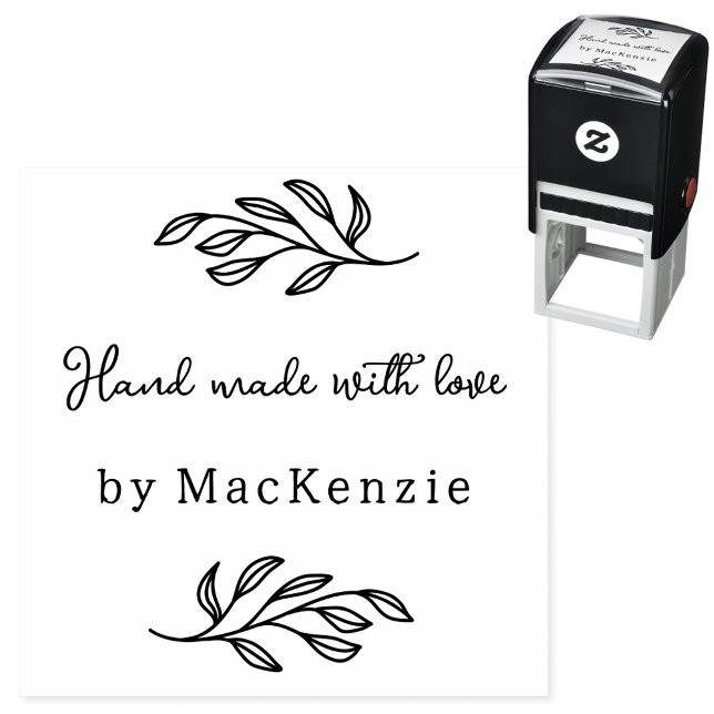 Hand Made With Love Personalized Botanical Leaf Permastempel (Hand Made with Love custom name botanical leaf line art small business maker self inking stamp)