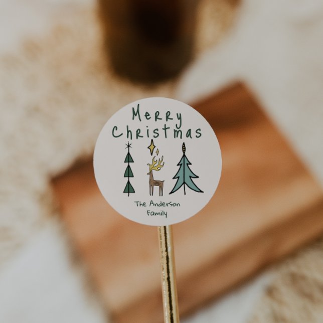 Hand Painted Abstract Christmas Tree Reindeer Runder Aufkleber (Von Creator hochgeladen)