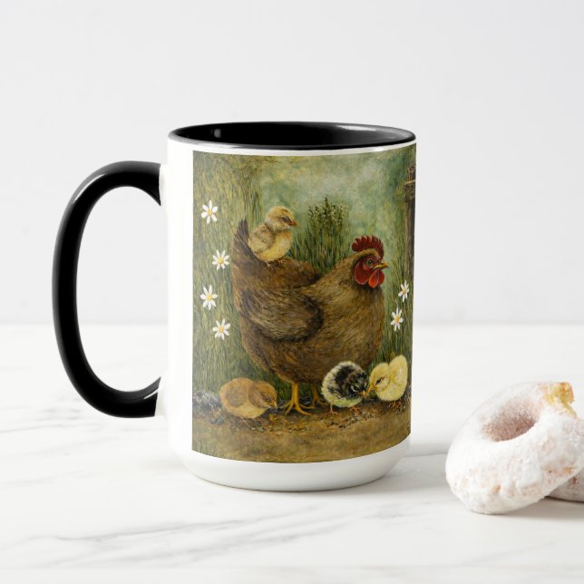 Hand-Painted Chicken & Chicks and Rooster Mug Tasse (Mit Donut)