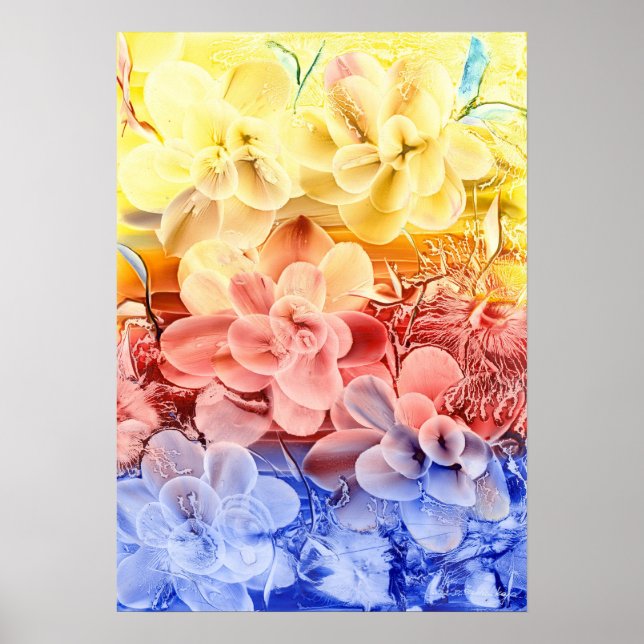 Hand Painted Fantasy Floral Art - Yellow Red Blue  Poster (Vorne)