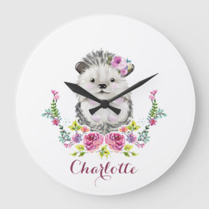Hand painted Hedgehog floral Personalized Große Wanduhr