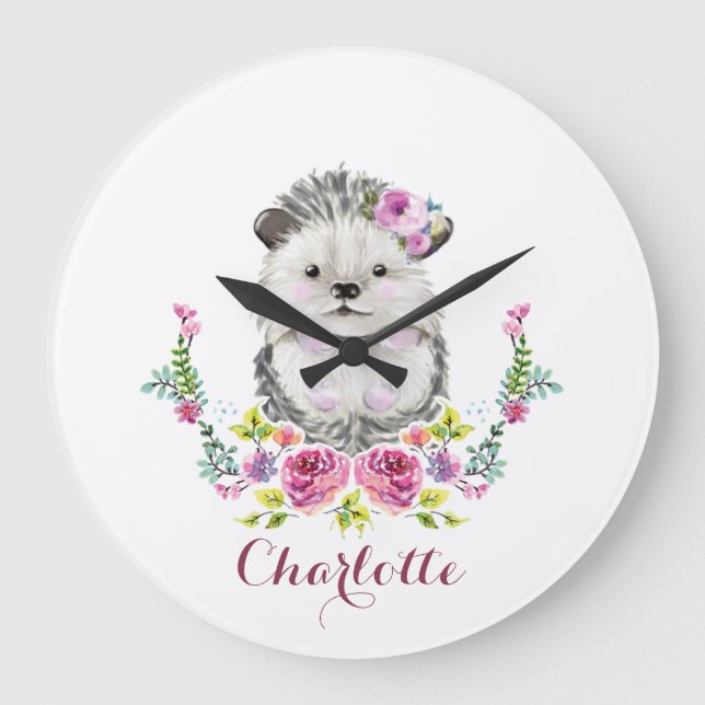 Hand painted Hedgehog floral Personalized Große Wanduhr (Vorderseite)