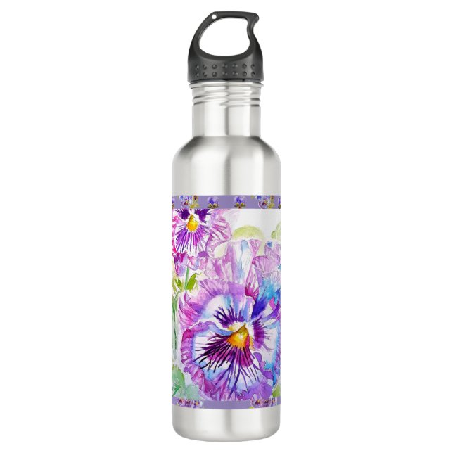 Hand Painted Purple Pansy Pansies floral Edelstahlflasche (Vorderseite)