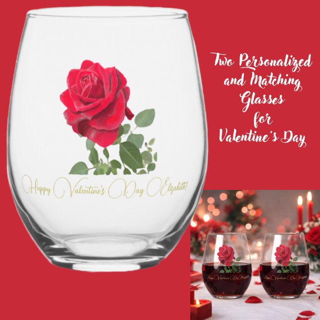 Hand painted red rose Valentines Personalized Weinglas Ohne Stiel (Von Creator hochgeladen)