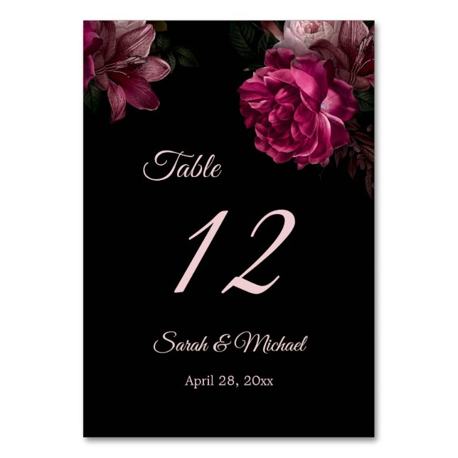 Hand Painted Roses Dark Moody Floral Wedding   Tischnummer (Vorderseite)