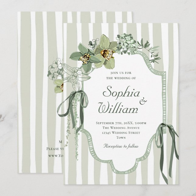 Hand Painted Sage Green Orchids Wedding Einladung (Vorne/Hinten)