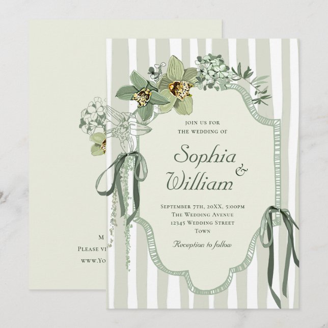 Hand Painted Sage Green Orchids Wedding Einladung (Vorne/Hinten)