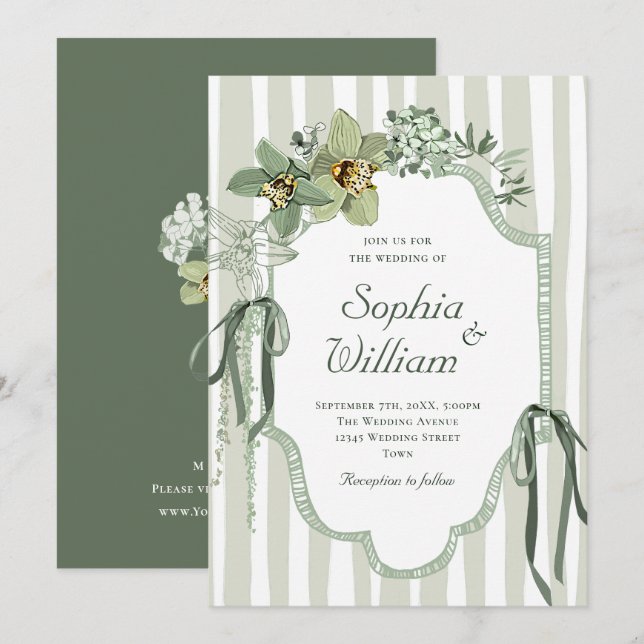 Hand Painted Sage Green Orchids Wedding Einladung (Vorne/Hinten)
