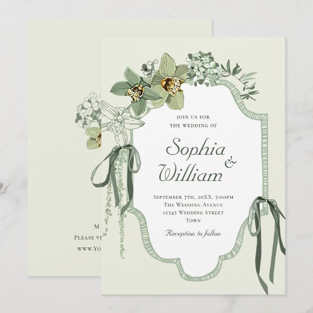 Hand Painted Sage Green Orchids Wedding Invitation Einladung (Vorne/Hinten)