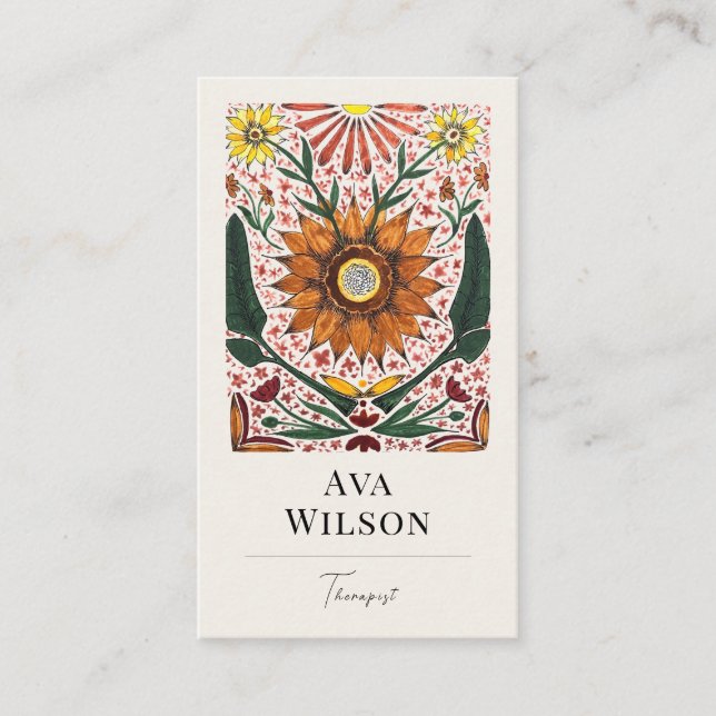 Hand Painted Symmetrical Orange and Green Florals Visitenkarte (Vorderseite)