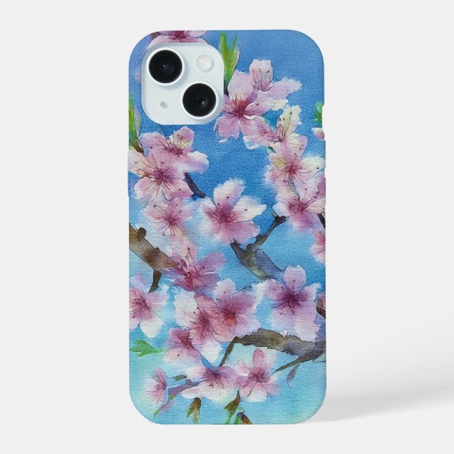 Hand Painted Trendy Watercolour Cherry Blossoms iPhone 15 Hülle (Rückseite)