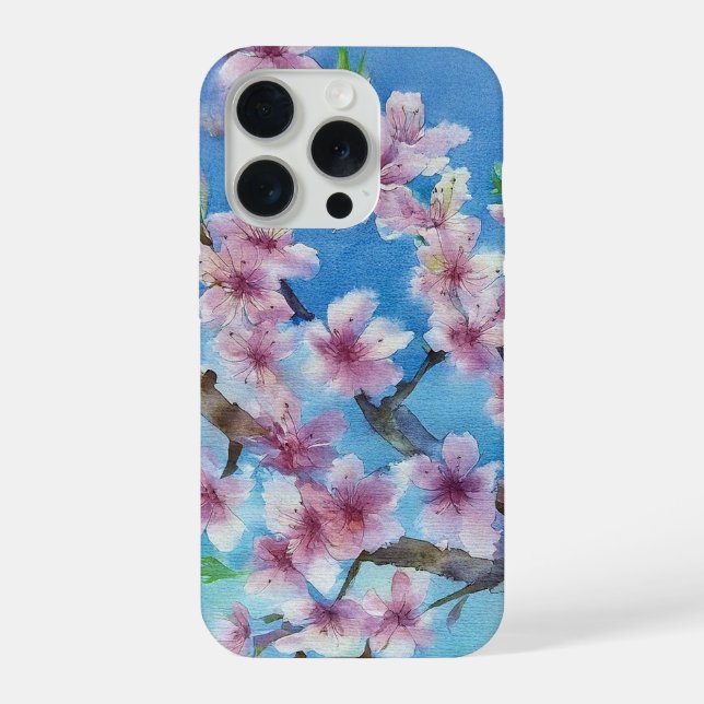 Hand Painted Trendy Watercolour Cherry Blossoms iPhone 15 Pro Hülle (Rückseite)