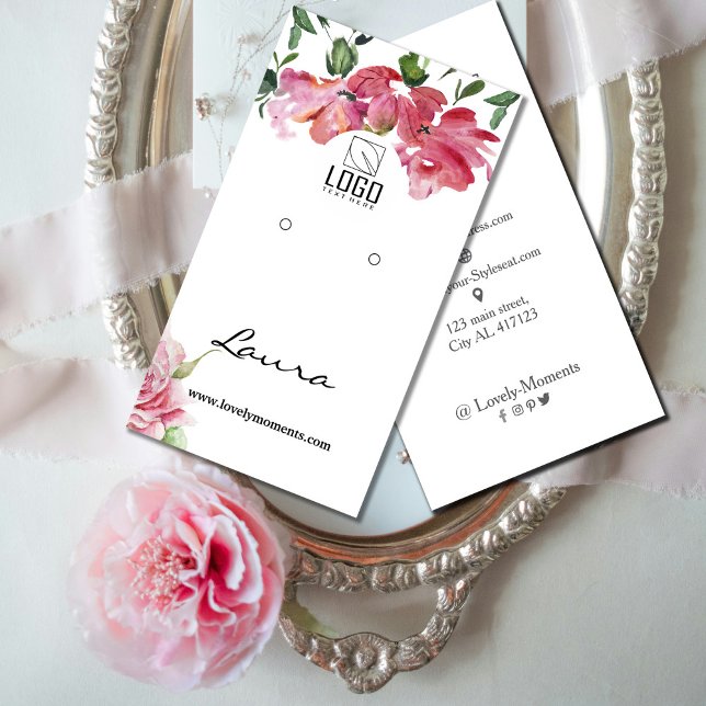 Hand-painted watercolor flowers earring display  visitenkarte (Hand-painted watercolor flowers earring display business card #flowersearrringdisplaycard #zazzle)