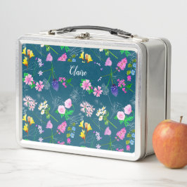 Hand-painted watercolour flowers on a deep blue metall brotdose