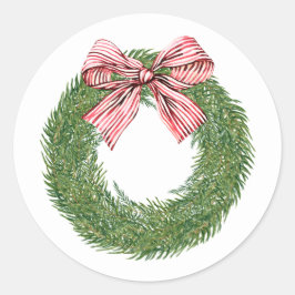 Hand Painted Winter Pine Wreath Striped Red Bow Runder Aufkleber