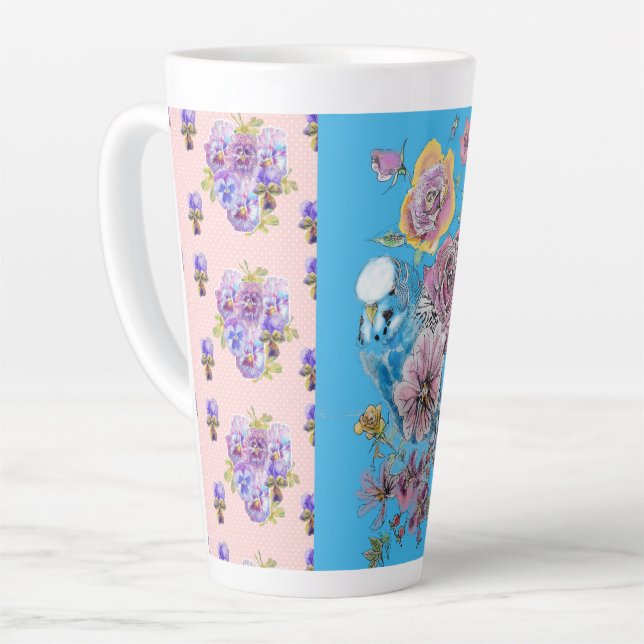 Hand Pink Blue Budgie Blumenblume Latte Tasse (Linke Ecke)