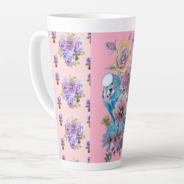 Hand Pink Blue Budgie Blumenblume Latte Tasse (Linke Ecke)