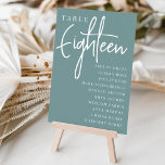 Hand Scripting Table ACHTEEN   Gästebamen Tischnummer<br><div class="desc">Einfache und schicke Tischnummer-Karten in staubigen aquamarinen und weißen Farbtönen geben bei Ihrer Hochzeit oder Veranstaltung eine elegante Note. Das Design enthält "Table [number]" in einem spannenden Mix aus klassischer Serif und handgeschriebenem Skriptsatz, darunter einzelne Gastnamen. Design wiederholt sich auf beiden Seiten. Einzelne nummerierte Karten werden separat verkauft; bestellen Sie...</div>