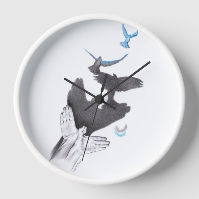 Hand shadow Flying birds Illusion Surreal art Wanduhr (Vorderseite)