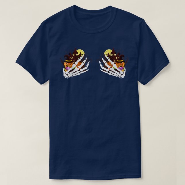 Hand Skeleton Pumpkin House Spuk Hexe Hallowee T-Shirt (Design vorne)