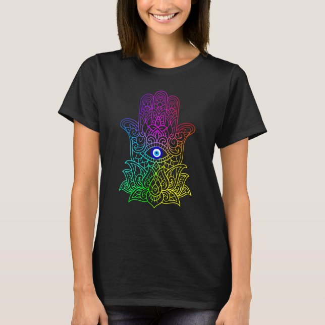 Hand von Hamsa Fatima Evil Türkisches Tiger Auge T-Shirt (Vorderseite)