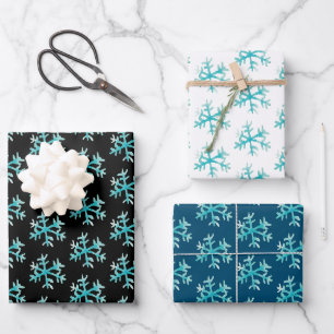 Hand Wasserfarbe Blaue Schneeflocken Weihnachten Geschenkpapier Set