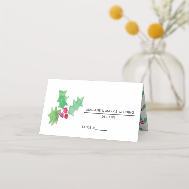 Hand Watercolor Holly Berry Winter Wedding Platzkarte (Vorderseite)