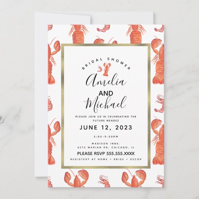 Hand Watercolor Hummer Shrimp Crawfish Bridal Einladung (Vorderseite)