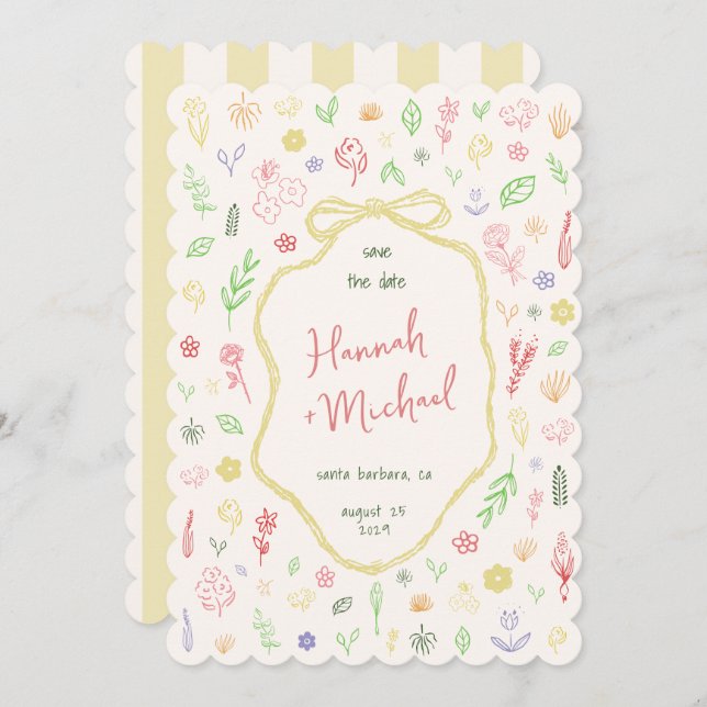 Hand Written Drawn Pastel Flowers Spring Wedding Save The Date (Vorne/Hinten)