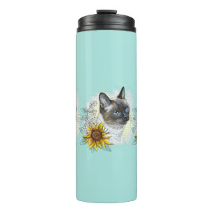 Hand zeichne lustige niedliche Thai Katze mit Blum Thermosbecher