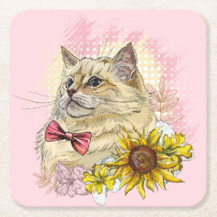 Hand zeichne lustige Red Ragdoll Katze mit Blume Rechteckiger Pappuntersetzer