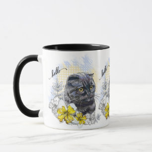 Hand zeichne lustige Schwarzbrikkatze mit Blume Tasse