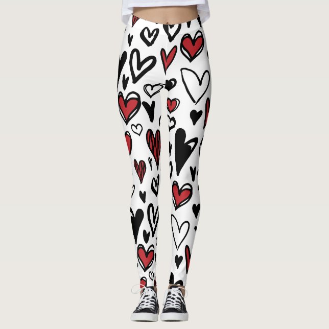 Hand Zeichne Weiße, Schwarze und Rote Herzform Fra Leggings (Vorderseite)