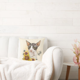 Hand zeichnend Cornish Rex Katze mit Sonnenblumen Kissen