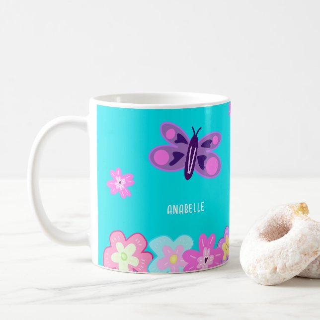 Hand Zeichnend farbige Cartoon Blume & Schmetterli Kaffeetasse (Mit Donut)