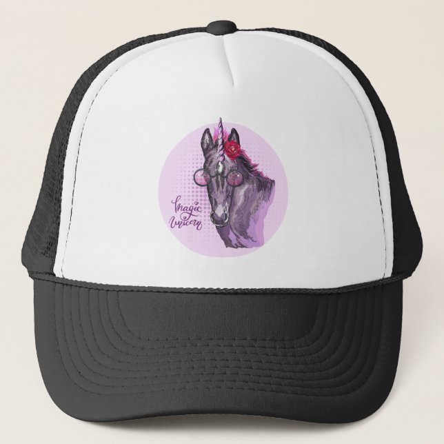 Hand zeichnend lila Einhorn Truckerkappe (Vorderseite)