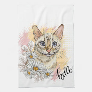 Hand zeichnend lustige Schneekatze bengalisch mit Geschirrtuch