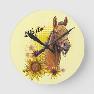 Hand zeichnend Pferd mit Sonnenblumen werfen Kisse Runde Wanduhr
