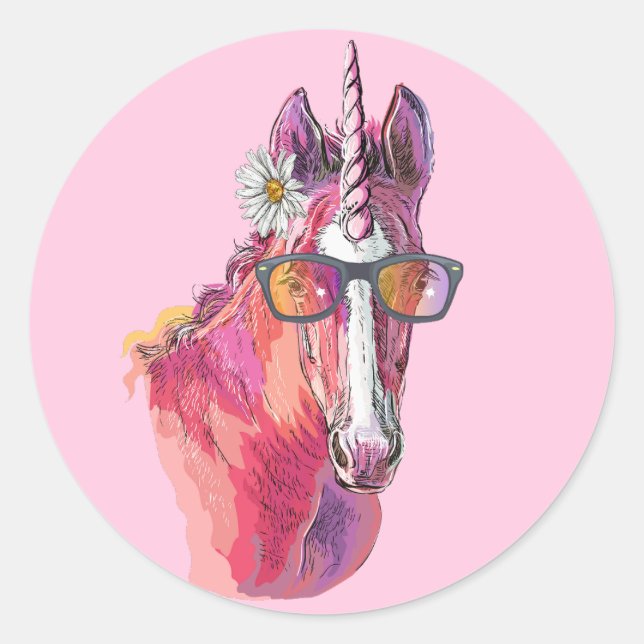Hand zeichnend rosa Einhorn Runder Aufkleber (Vorderseite)