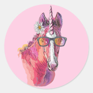 Hand zeichnend rosa Einhorn Runder Aufkleber