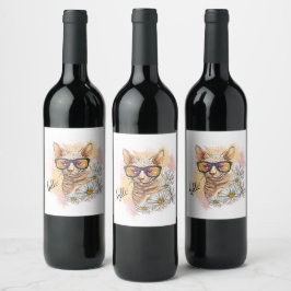 Hand zeichnend Sphynxkatze mit Blume Square Sticke Weinetikett