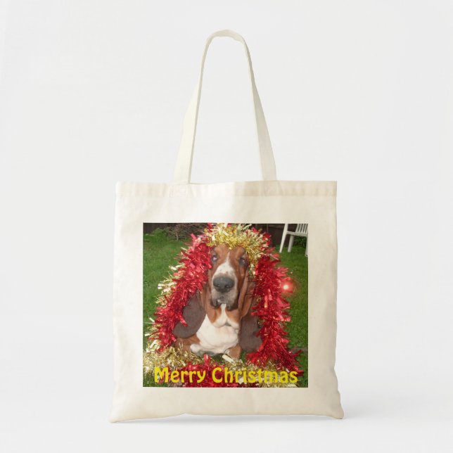 Handbag Frohe Weihnachts-Basset-Hund in Garland Tragetasche (Vorne)