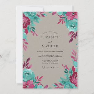 Handbemalte aqua-magenta-farbene Hochzeit Einladung